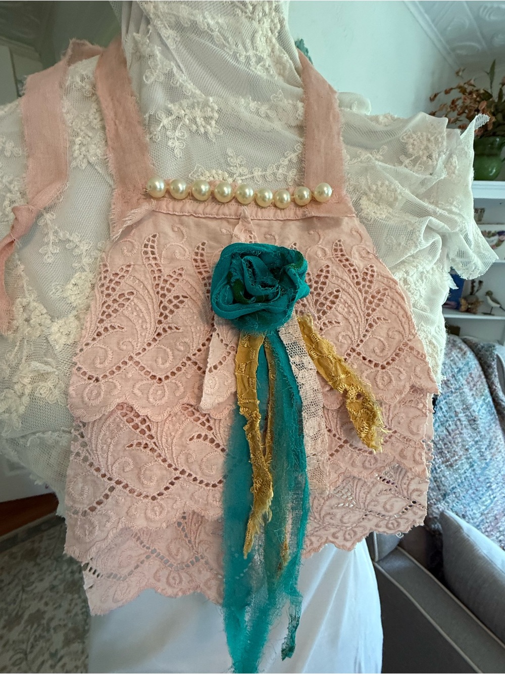 HANDMADE LACE JABOT PINK PEARL TEAL FLOWER ROMANTIC BOHO NECKPIECE